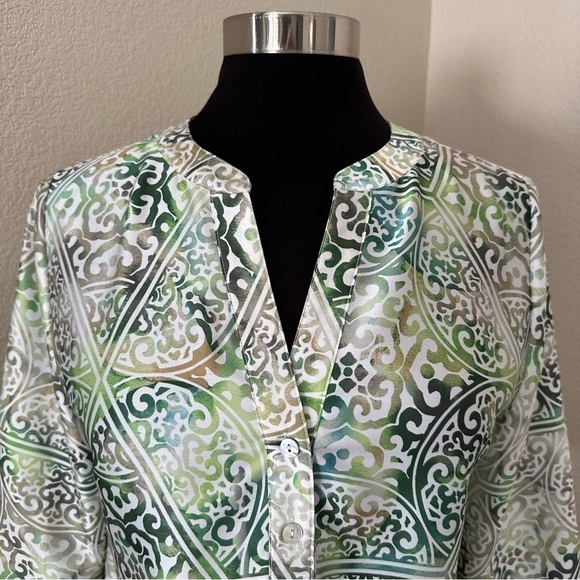 Chico’s Block-Print Green Cream Popover Lightweight Tunic Top Blouse Size S - Picture 4 of 16